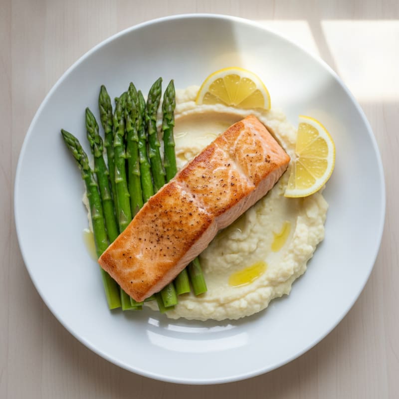 Seared Salmon Fillet with Steamed Asparagus and Cauliflower Mash
