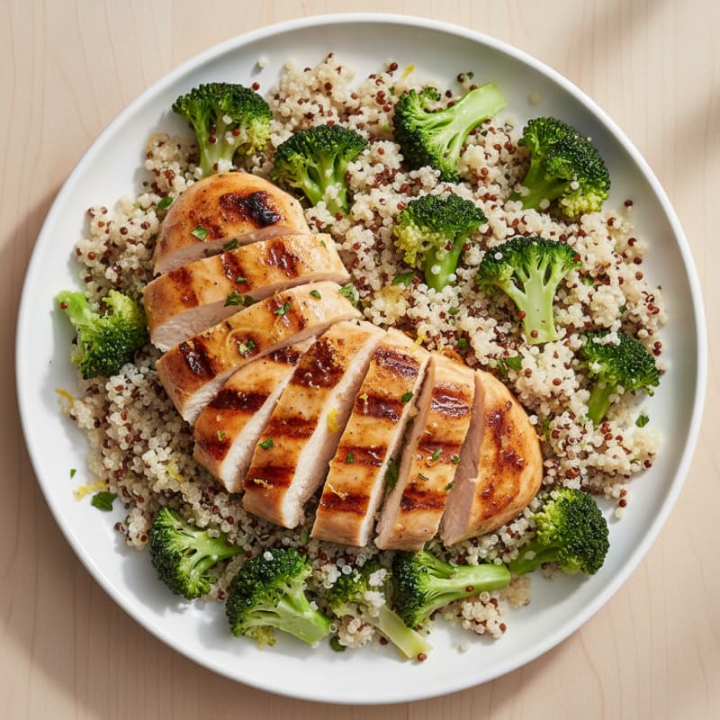 Grilled Lemon-Garlic Chicken Breast with Quinoa and Steamed Broccoli
