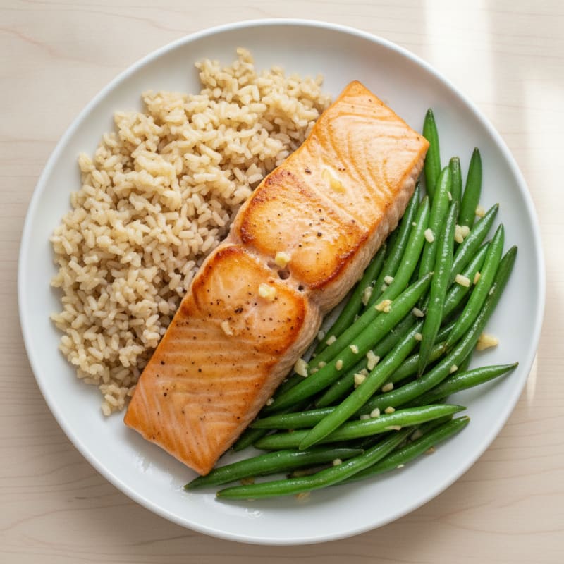 Seared Salmon with Garlic Green Beans and Brown Rice