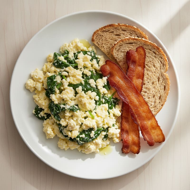 Cottage Cheese Scramble with Spinach and Turkey Bacon