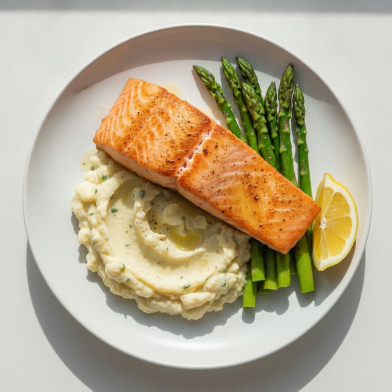 Seared Salmon with Steamed Asparagus and Cauliflower Mash