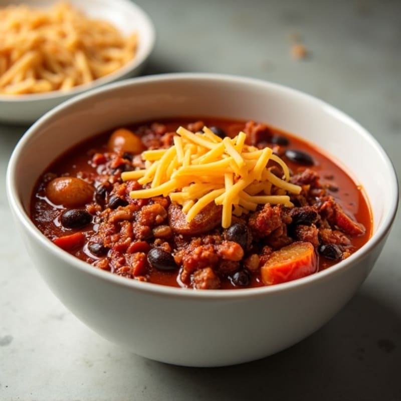 Lean Beef Chili with Crispy Turkey Sausage and Creamy Cheddar