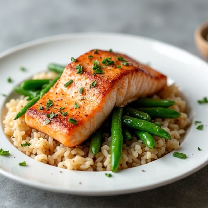Seared Salmon Fillet with Garlic Green Beans and Brown Rice