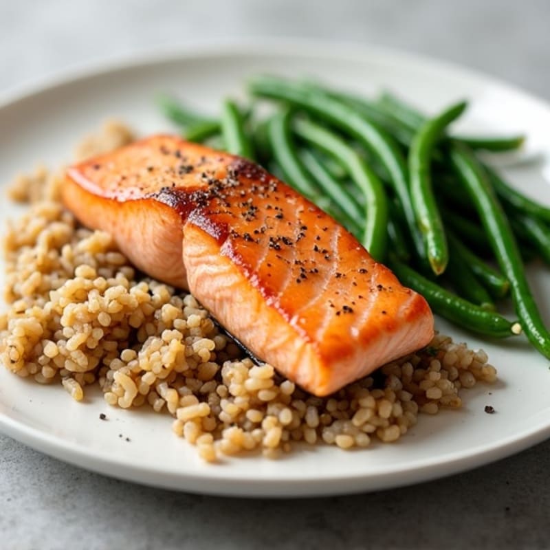 Seared Salmon Fillet with Steamed Green Beans and Brown Rice