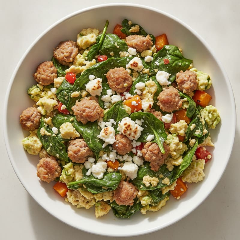 Egg White and Turkey Sausage Scramble with Spinach and Feta