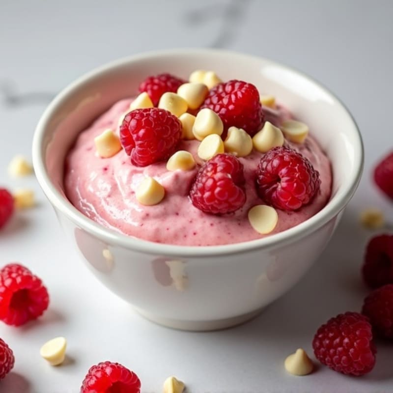 Creamy Whipped Raspberry Protein Bowl with White Chocolate Drizzle
