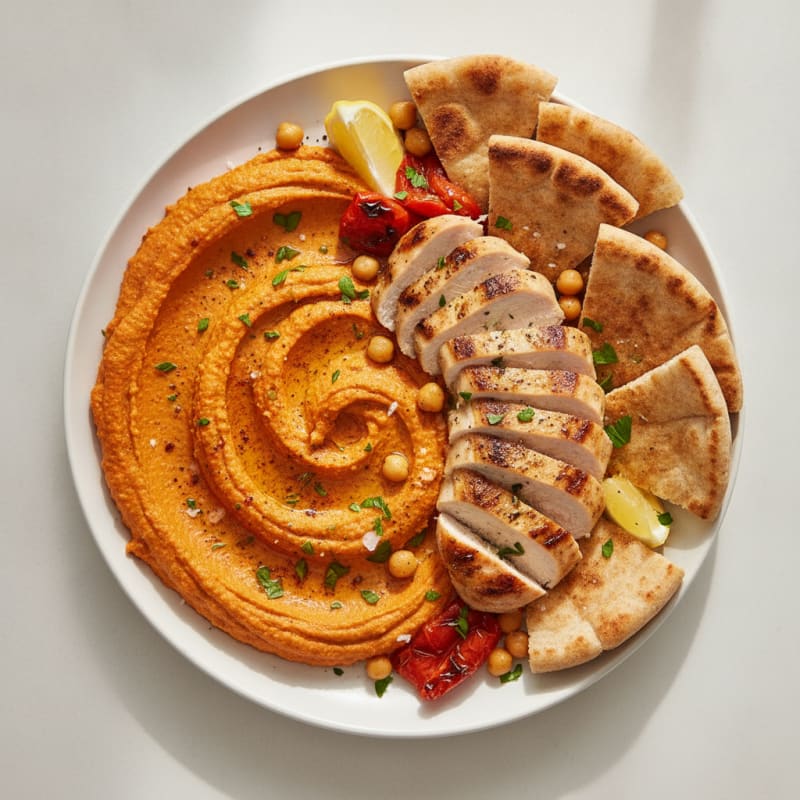 Roasted Red Pepper Hummus with Grilled Chicken and Pita