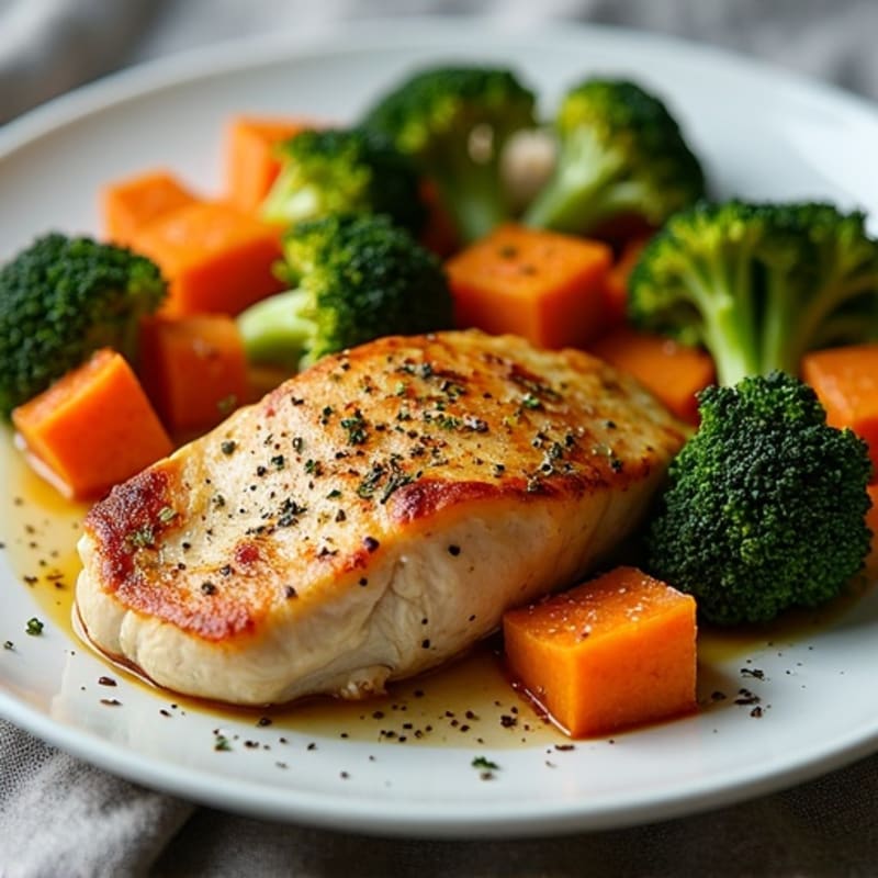 Sheet Pan Roasted Chicken Breast with Sweet Potato and Crispy Broccoli