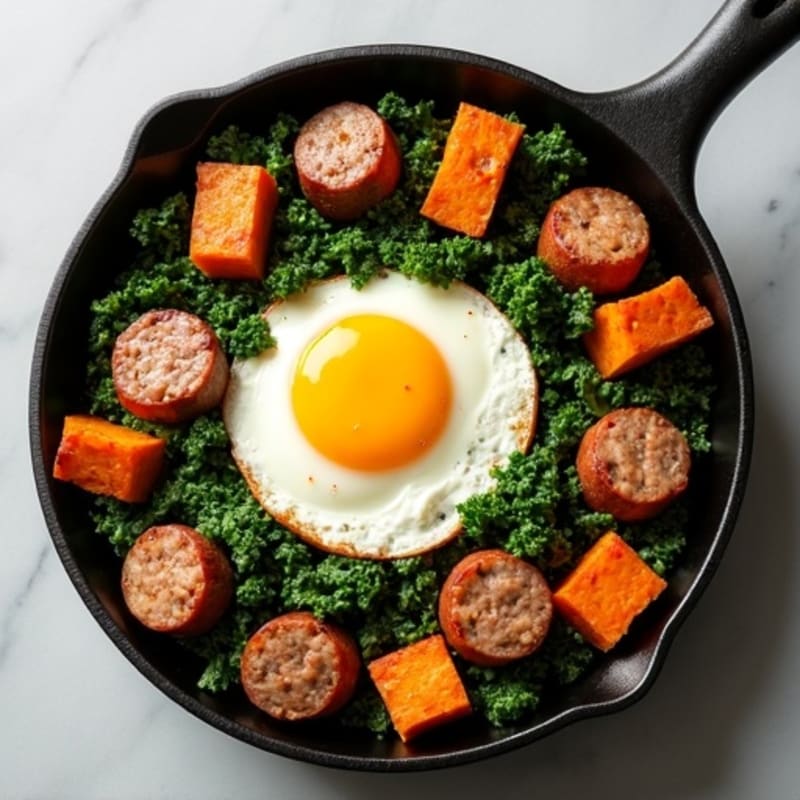 Hearty Savory Breakfast Skillet with Turkey Sausage, Crispy Sweet Potatoes, and Sautéed Greens