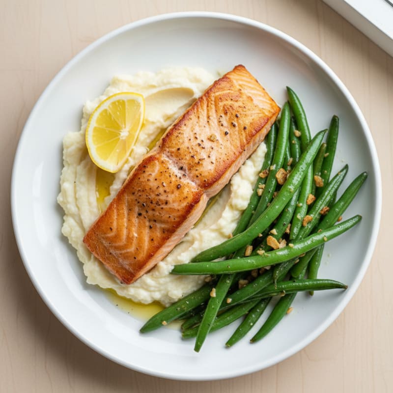 Seared Salmon with Garlic Green Beans and Mashed Cauliflower