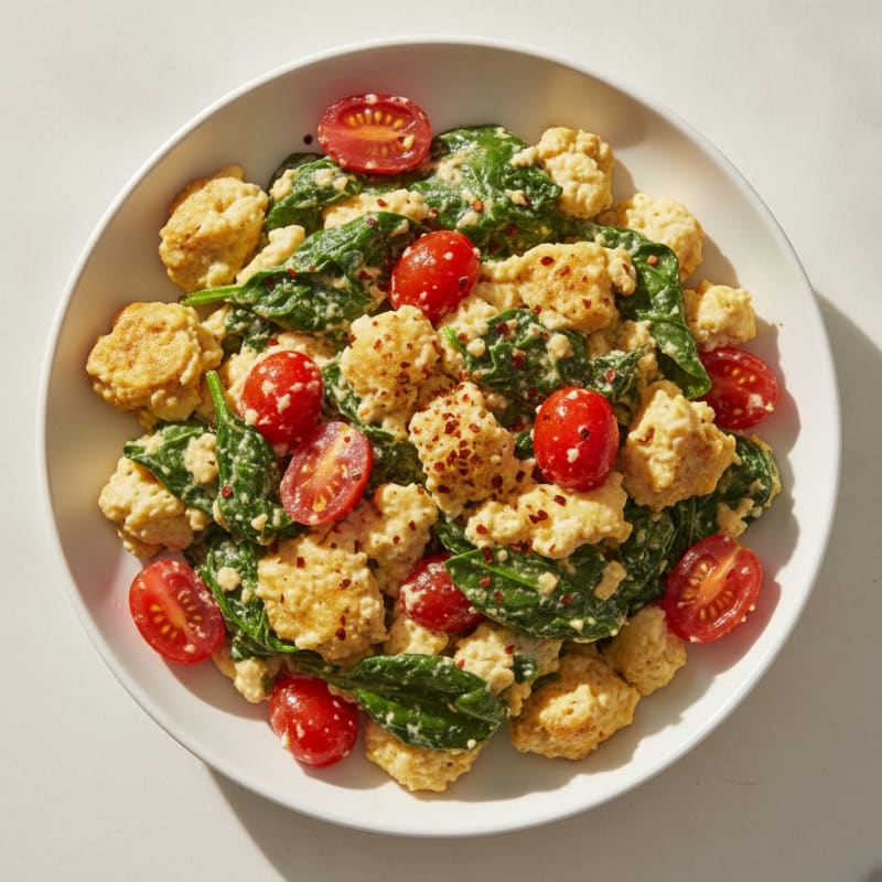 Cottage Cheese Egg Scramble with Sautéed Spinach and Cherry Tomatoes