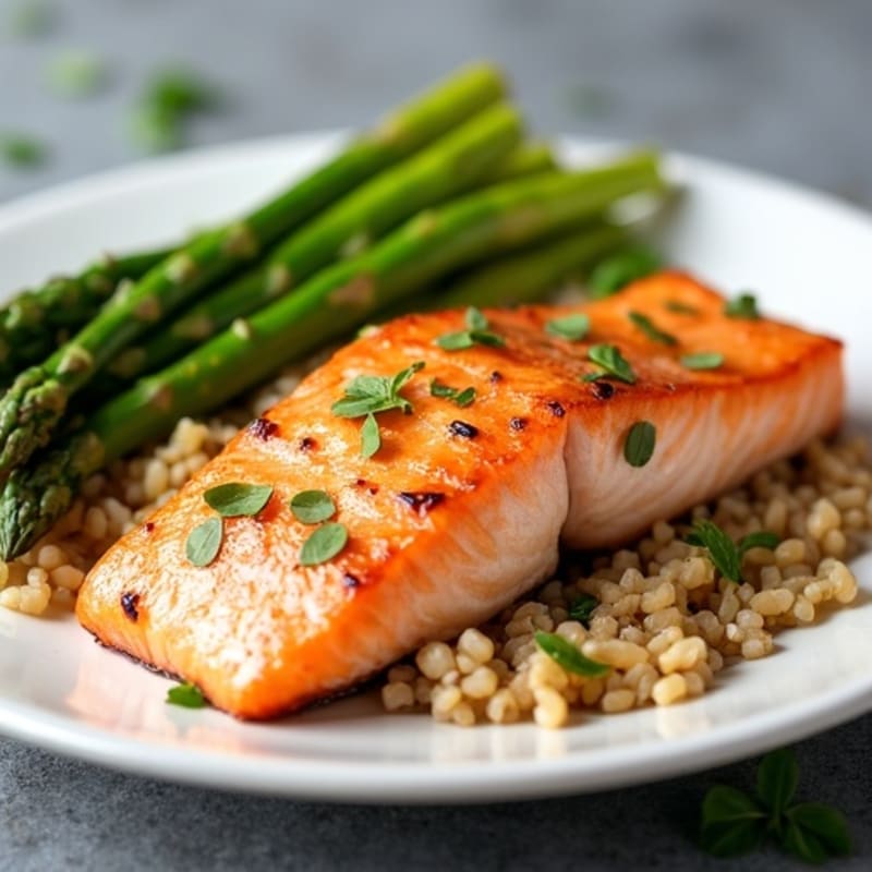 Seared Salmon Fillet with Steamed Asparagus and Brown Rice