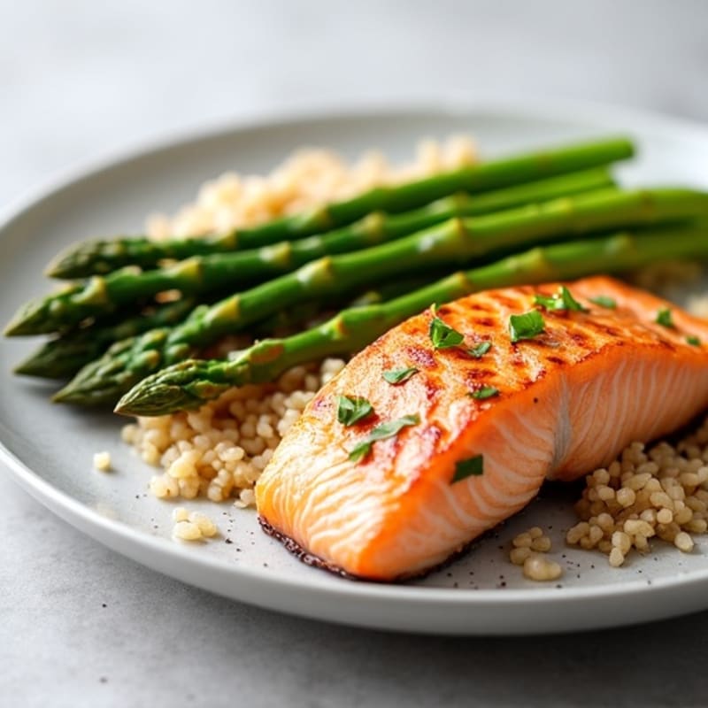 Seared Salmon Fillet with Steamed Asparagus and Brown Rice