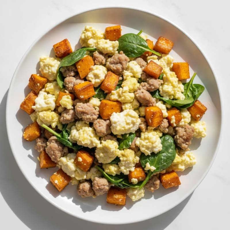 Cottage Cheese Scramble with Turkey Sausage and Roasted Sweet Potatoes
