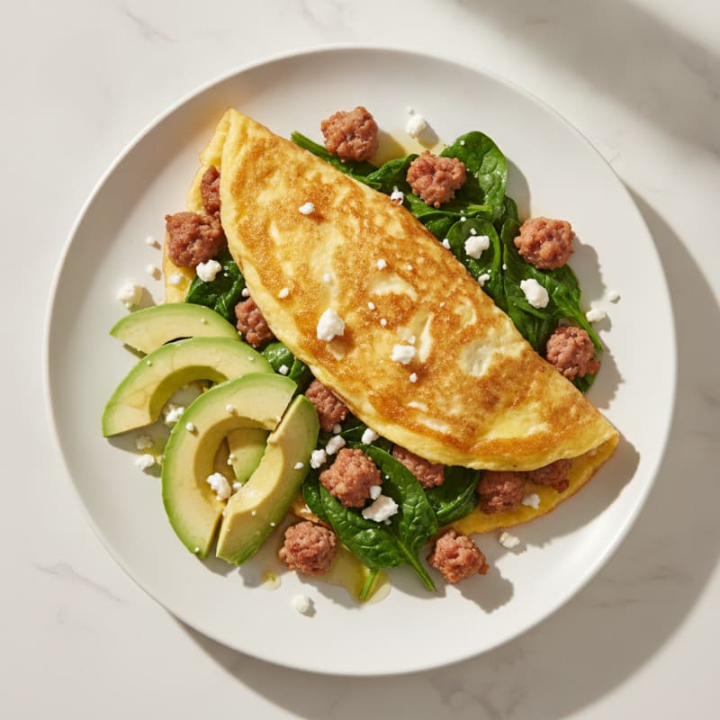 Crispy Egg White Omelette with Turkey Sausage and Spinach