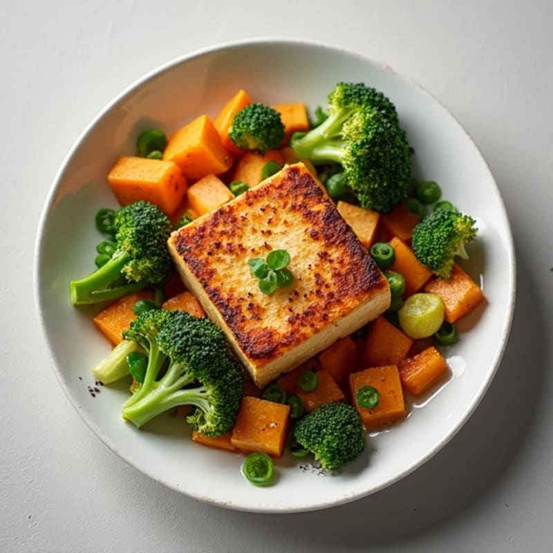 Crispy Tofu with Roasted Broccoli and Sweet Potatoes
