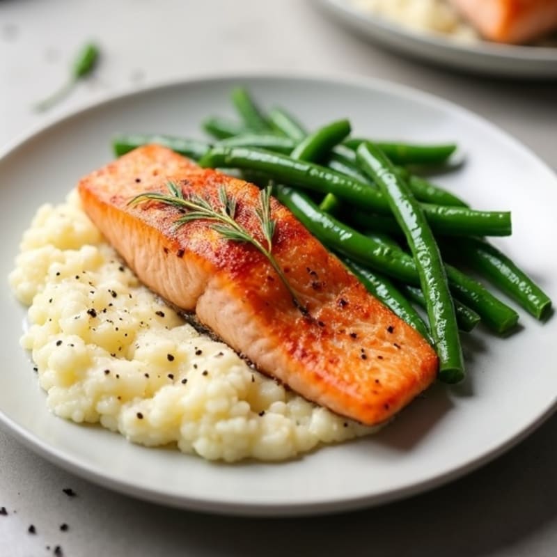 Seared Salmon Fillet with Garlic Green Beans and Cauliflower Mash
