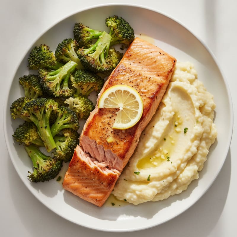Seared Salmon with Roasted Broccoli and Garlic Mashed Cauliflower
