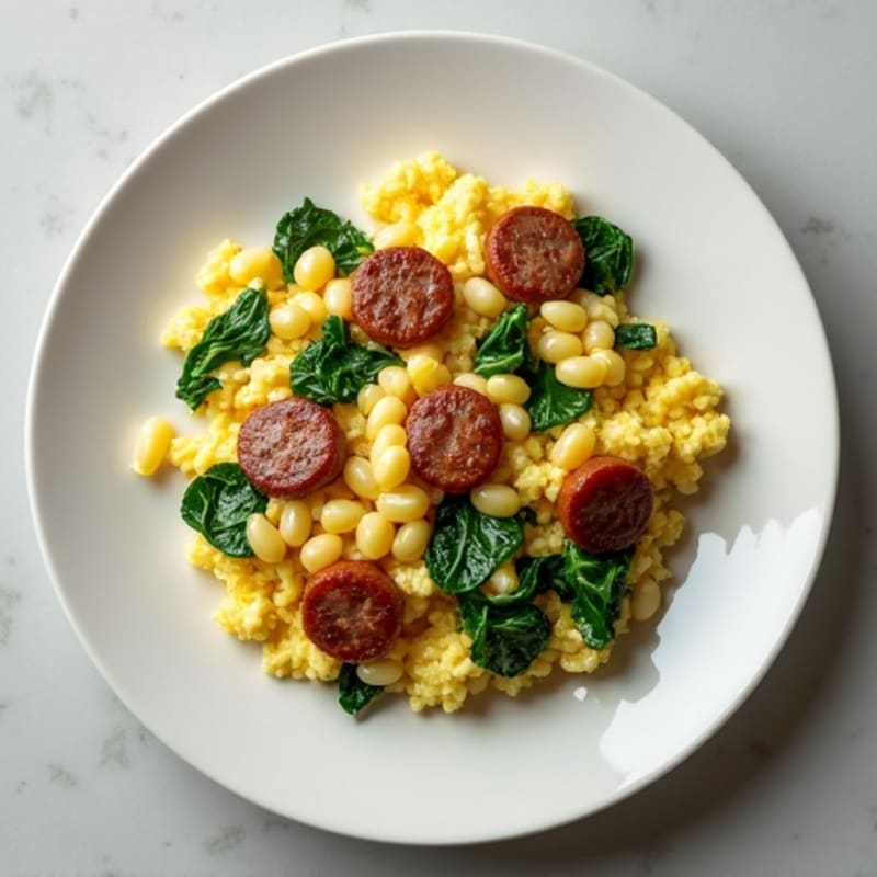 Egg White and Turkey Sausage Scramble with Sautéed Spinach