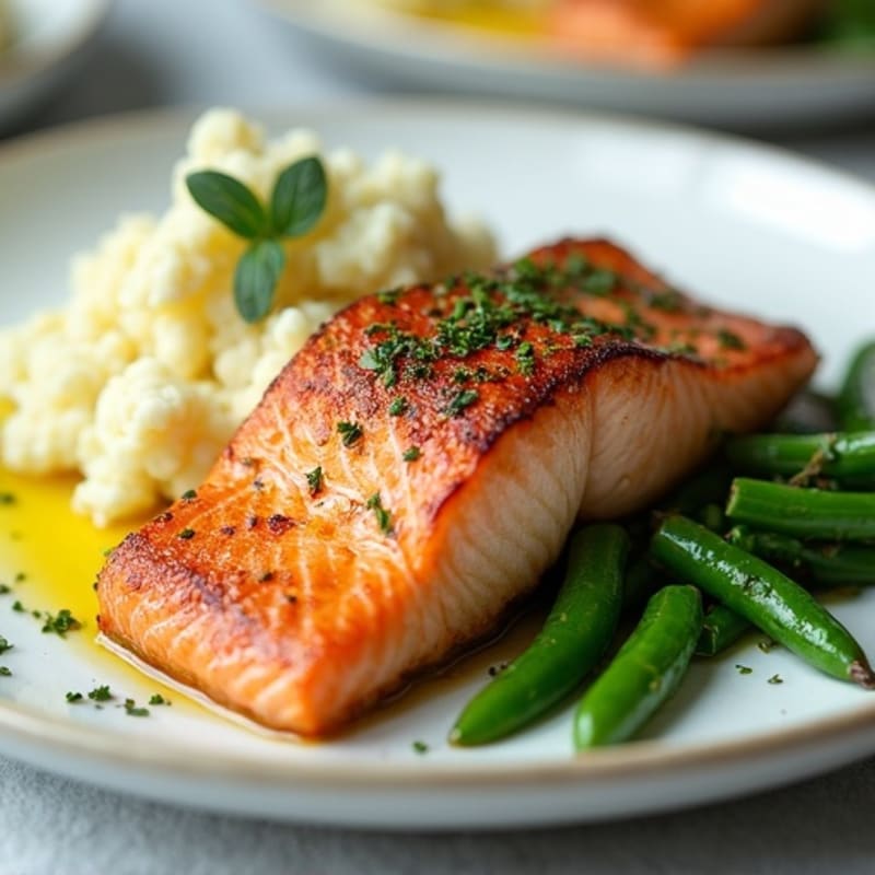 Seared Salmon with Garlic Green Beans and Mashed Cauliflower