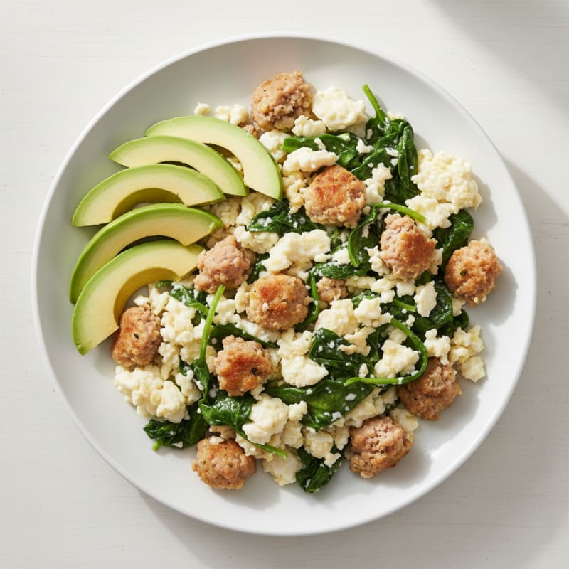 Egg White and Turkey Sausage Scramble with Sautéed Spinach