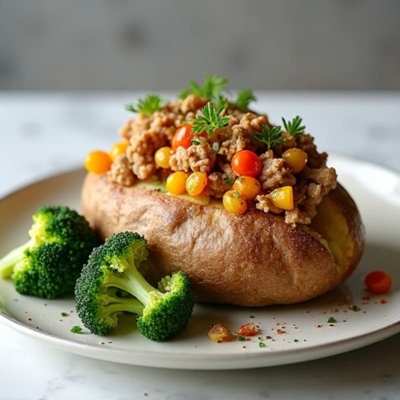 Crispy Baked Potato with Savory Lean Ground Turkey and Roasted Broccoli