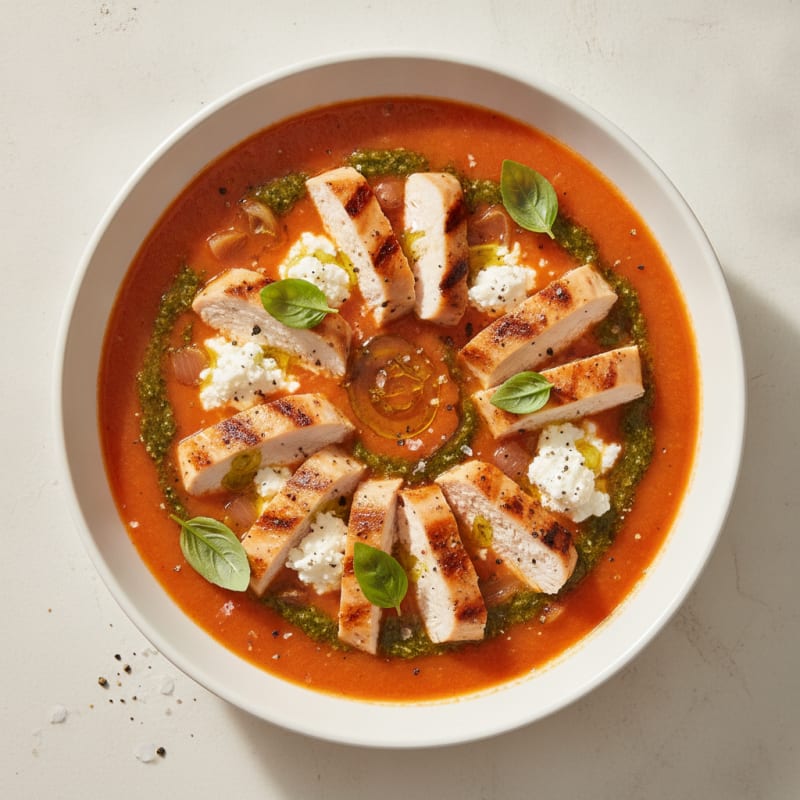 Roasted Tomato Basil Soup with Grilled Chicken