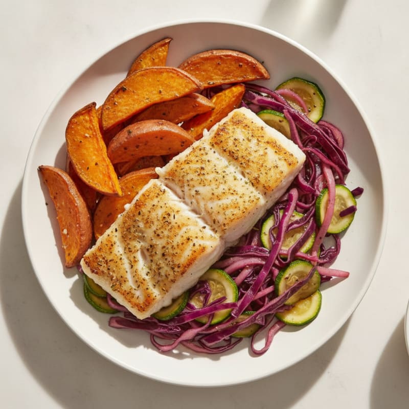 Pan-Seared Cod with Roasted Sweet Potatoes and Sautéed Greens