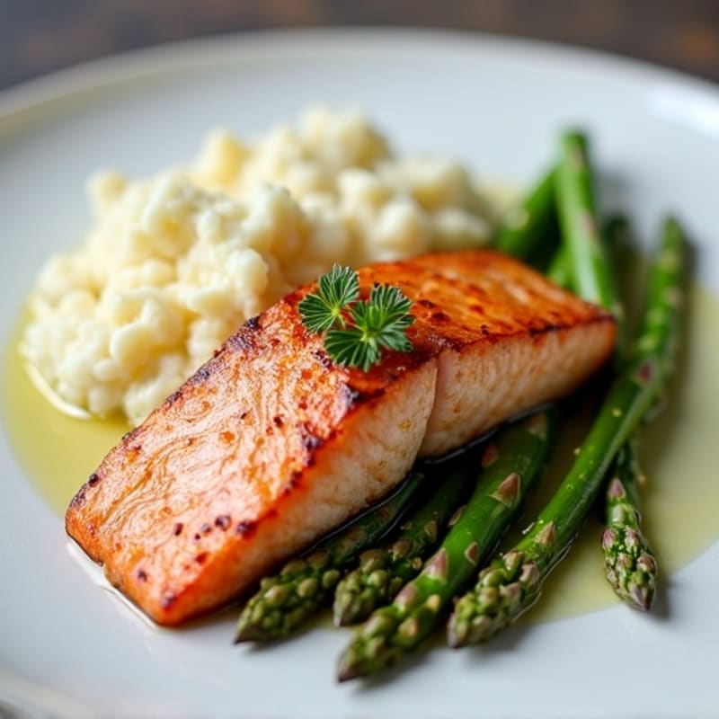 Seared Salmon Filet with Roasted Asparagus and Cauliflower Mash