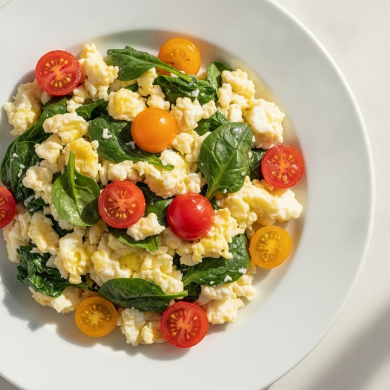 Egg White Spinach Scramble with Cherry Tomatoes