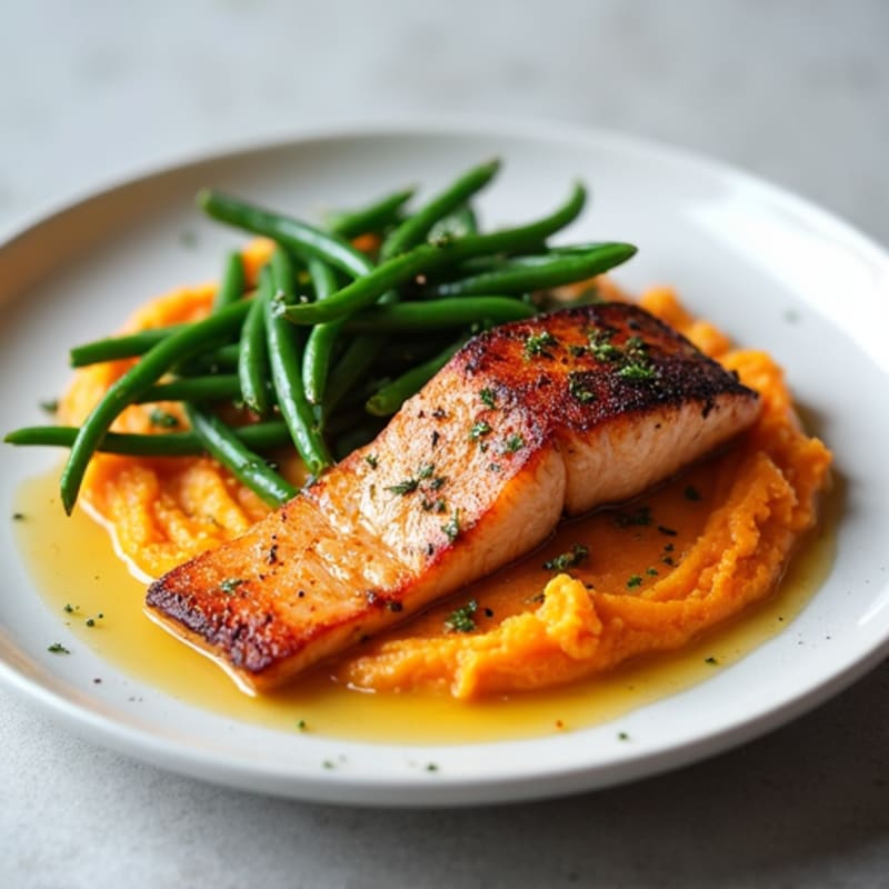 Seared Salmon with Garlic Green Beans and Sweet Potato Mash