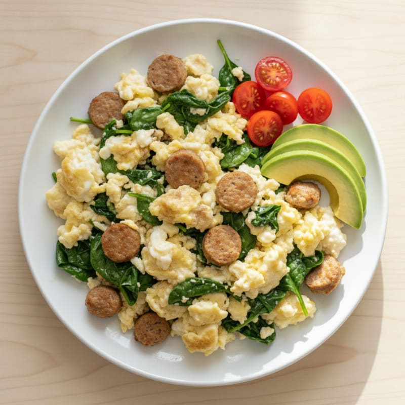 Egg White and Turkey Sausage Scramble with Sautéed Spinach