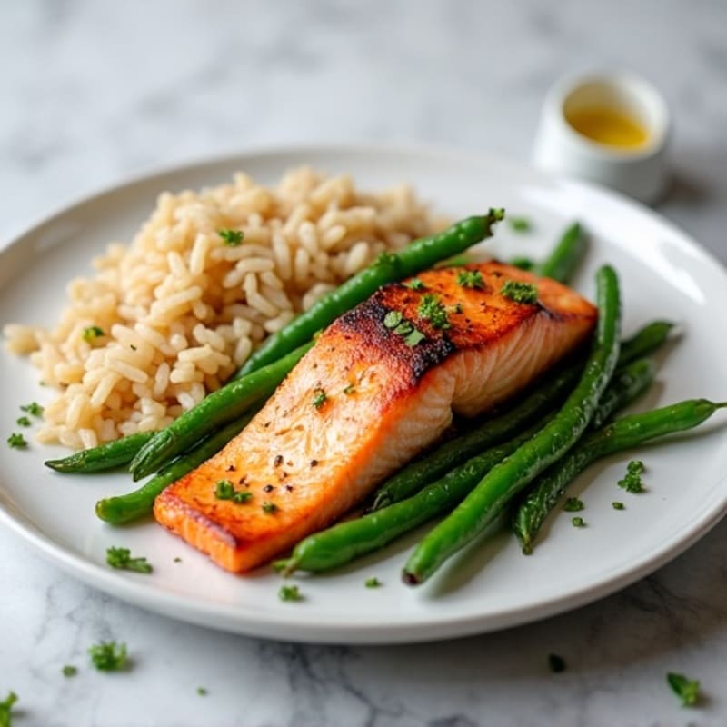 Seared Salmon with Garlic Green Beans and Brown Rice