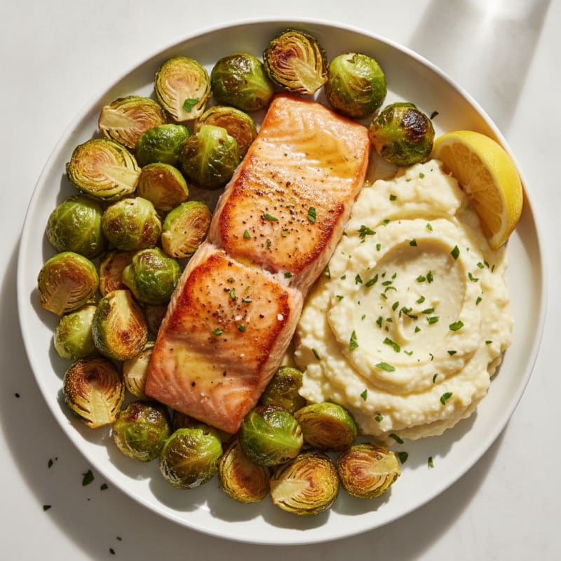 Seared Salmon Fillet with Roasted Brussels Sprouts and Garlic Mashed Cauliflower