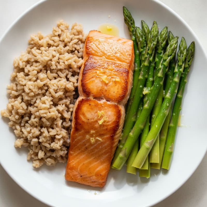Seared Salmon with Steamed Asparagus and Brown Rice
