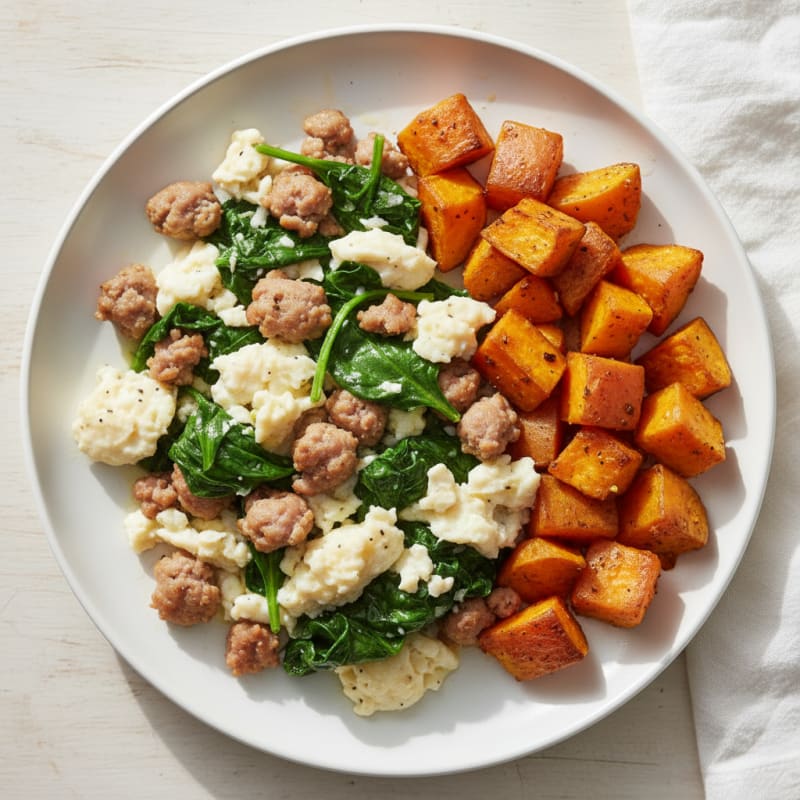 Egg White and Turkey Sausage Scramble with Spinach and Roasted Sweet Potatoes