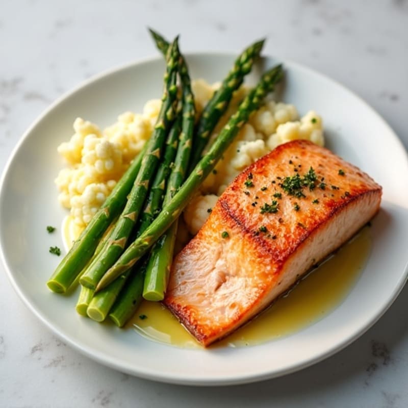 Seared Salmon with Steamed Asparagus and Cauliflower Mash
