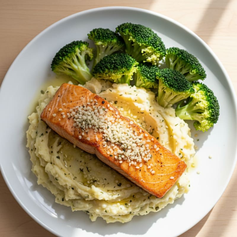 Seared Salmon with Steamed Broccoli and Garlic Mashed Potatoes