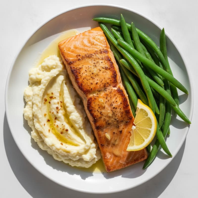 Seared Salmon with Steamed Green Beans and Garlic Mashed Cauliflower