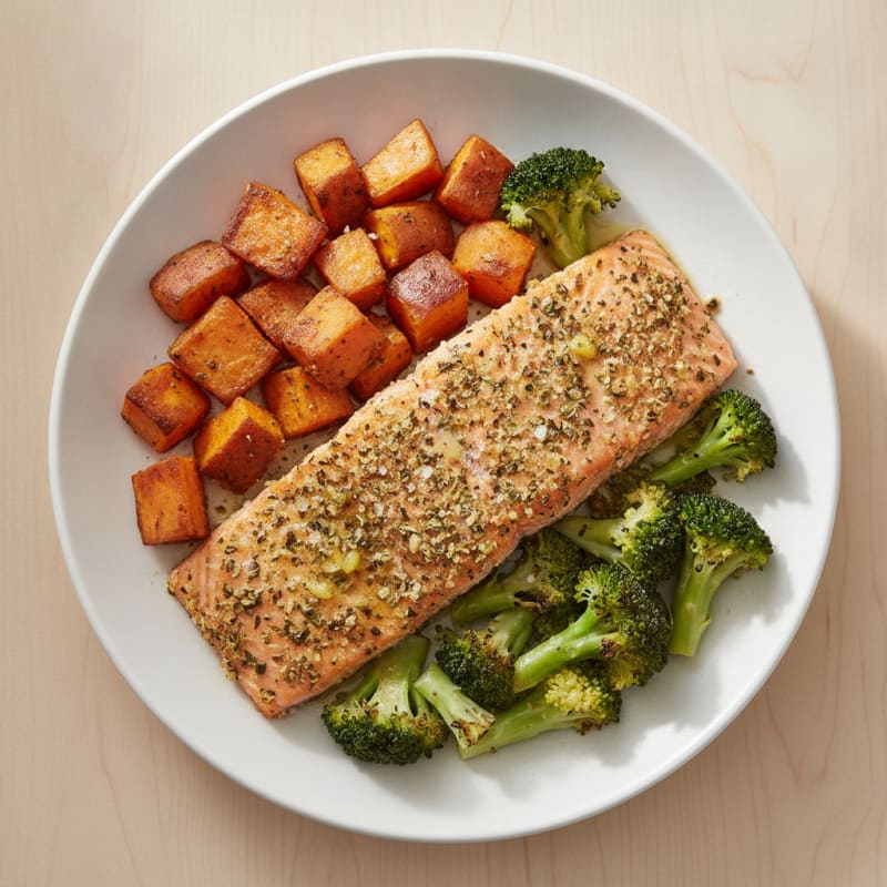 Herb-Roasted Salmon with Sweet Potatoes and Broccoli
