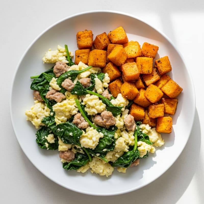 Egg White and Turkey Sausage Scramble with Spinach and Roasted Sweet Potato
