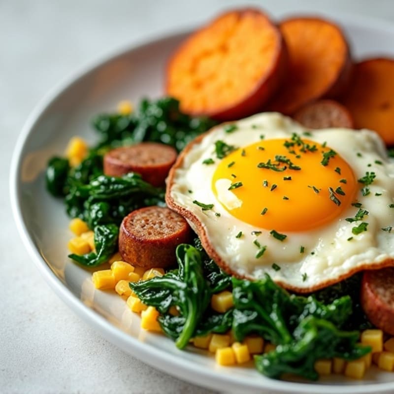 Egg White and Turkey Sausage Scramble with Spinach and Sweet Potato