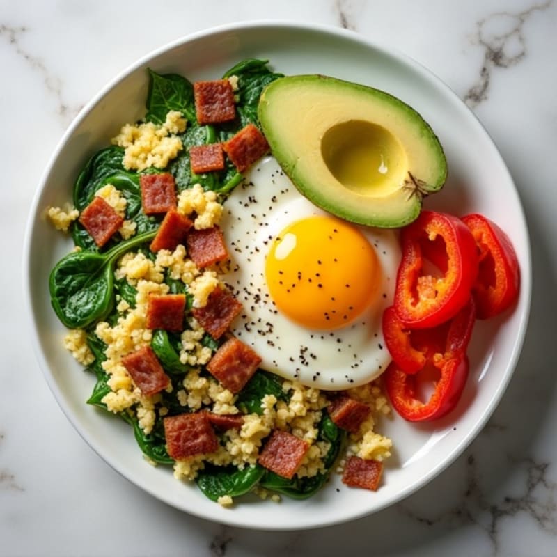 Cottage Cheese Egg White Scramble with Spinach and Turkey Bacon