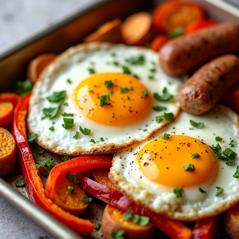 Sheet Pan Eggs with Roasted Sweet Potatoes and Bell Peppers
