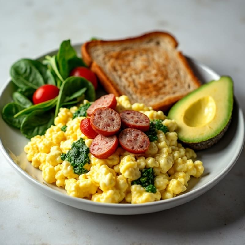 Egg White Scramble with Spinach and Turkey Sausage (with Whole Grain Toast, Avocado, and Almonds)
