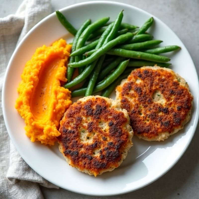 Seared Turkey Patties with Garlic Green Beans and Sweet Potato Mash