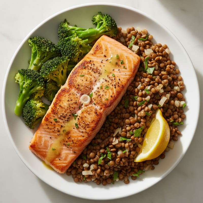 Seared Salmon with Steamed Broccoli and Lentil Pilaf