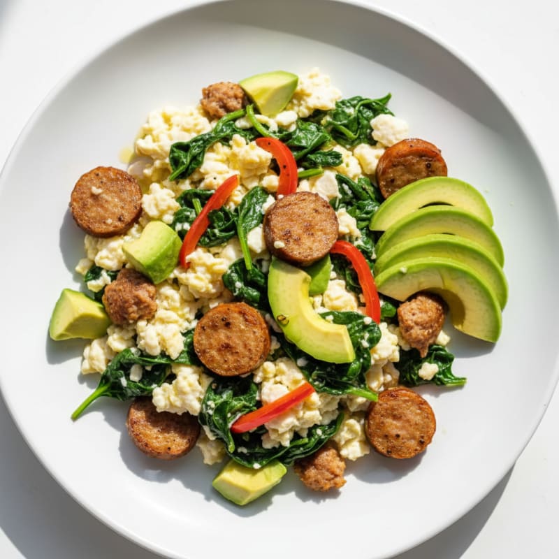 Egg White Scramble with Turkey Sausage and Sautéed Spinach