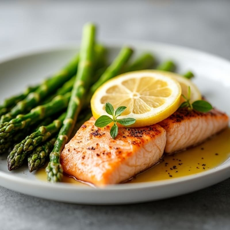 Seared Salmon with Steamed Asparagus and Lemon