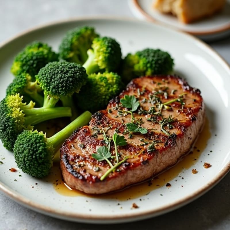 Herb-Crusted Pan Seared Steak with Garlic Roasted Broccoli